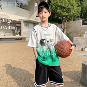 大中童男孩训练服运动套装，儿童篮球服男童夏季速干假两件短袖球衣