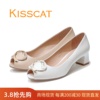 KISSCAT接吻猫2024中粗跟鱼嘴羊皮浅口女单鞋KA43108-11