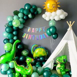 恐龙主题宝宝生日气球布置品绿色森林儿童创意派对定制海报背景墙