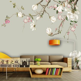 中式玉兰花电视背景墙壁纸，客厅卧室床头工笔，花鸟壁纸简约无纺布