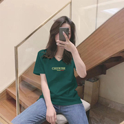 韩国夏季纯棉V领短袖恤女2024墨绿色宽松洋气字母半袖上衣潮