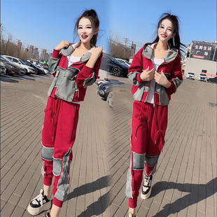 韩版卫衣套装女2024年春季时尚运动连帽上衣休闲拼接牛仔卫裤