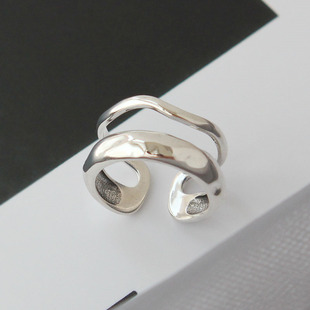 925纯银原创小众设计韩版简约几何线条戒指宽版双层指环女食指戒