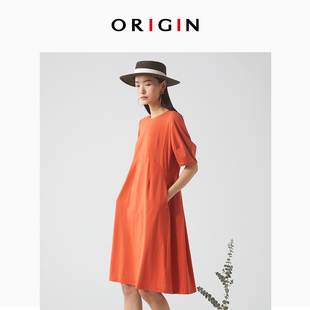 ORIGIN/安瑞井淑女大码连衣裙女夏季纯色收腰及膝连衣裙