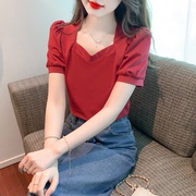 真丝红色法式短袖衬衫，女款轻奢设计高级感小众桑蚕丝2024衬衣