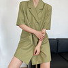 韩国chic夏季气质西装领双排扣宽松假口袋修饰小个子短袖连衣裙女