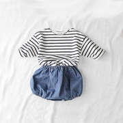 韩国婴儿衣服进口童装，秋季男女宝宝，条纹长袖牛仔灯笼短裤套装