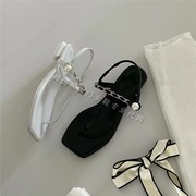 夏季韩国珍珠女鞋甜美方头链子一字带夹趾山系凉鞋低跟鞋子女
