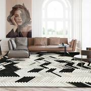 现代轻奢牛皮拼接地毯家用黑白复古北欧简约客厅茶几垫卧室床边毯