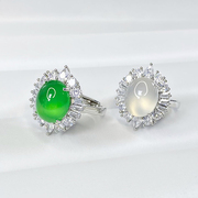 天然冰种玉髓戒指女款翡翠色玉石，镶嵌宝石帝王绿玛瑙可调节戒指环
