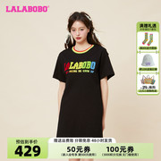 设计师潮牌lalabobo2024夏彩虹(夏彩虹，)黑色宽松短袖连衣裙女