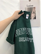 日系复古墨绿色短袖t恤女夏设计(夏设计)感小众半袖体恤宽松学生chic上衣