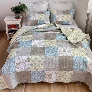 纯棉手工拼布绗缝被单件韩式全棉单双人(单双人)床盖，夹棉厚床单空调被