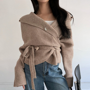 韩国chic冬季法式小众深V领露锁骨系带收腰长袖针织衫毛衣外套女