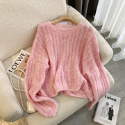 韩系穿搭粉色圆领针织衫女2024年春季设计感小众泡泡袖防晒衫上衣
