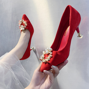 红色婚鞋女细跟高跟鞋秀禾中式珍珠水钻结婚鞋子新娘鞋中跟孕妇