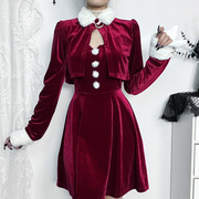 圣诞战袍氛围感红白撞色绒面套装毛绒拼接吊带连衣裙毛领长袖罩衫