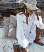 棉质清爽白色连衣裙立领镂空深v喇叭袖衬衣，沙滩度假比基尼外罩衫