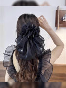 复古黑色花朵网纱多层蝴蝶结发夹女后脑勺优雅半扎发抓夹头饰发卡