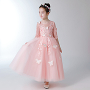 粉色儿童礼服公主裙女童生日长袖走秀小花童主持人钢琴演出服长款