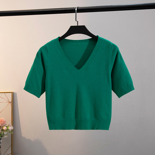 雅蒂2023夏季针织棉短袖绿色v领T恤修身短款套头纯色百搭薄打底衫