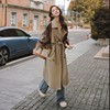 韩版撞色拼接卡其色风衣外套，女2023秋季设计感双排扣休闲大衣