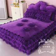 珊瑚绒四件套冬季韩版加厚短毛，法兰绒紫被套，公主蕾丝床上1.8m床裙