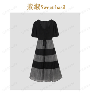 4.20f2024黑色拼接条纹，v领连衣裙c-2651