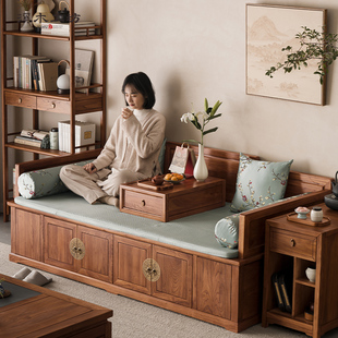 新中式老榆木罗汉床实木中式小户型，仿古储物沙发床榻箱体榫卯家具