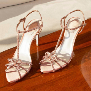 欧美法式水钻蝴蝶结高跟鞋，2022细跟镂空罗马凉鞋仙女风婚鞋子