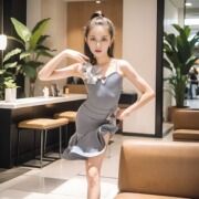 女童拉丁舞裙练功服表演2024夏季分体灰色吊带演出高级感网红