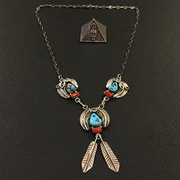 1970s美国印第安纳瓦霍部落天然绿松石珊瑚羽毛纯银百搭项链女款