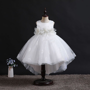 儿童花童婚纱礼服蓬蓬网纱立体花朵，公主裙白色，主持人钢琴演出服装