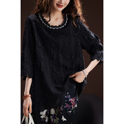 素木钉珠刺绣黑色短袖，t恤女2024年春夏新中式，上衣大码女装潮