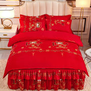 2.0m1.8鼻袋熊床裙四件套，大红色婚庆全棉，结婚喜庆双人米夏季床上