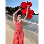 SOLENELARA前后v领压褶粉色雪纺连衣裙夏季高级感性感巴厘岛海边