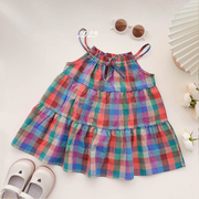 女童彩色格子吊带裙薄款夏季韩版童装宝宝，背心裙子洋气儿童沙滩裙
