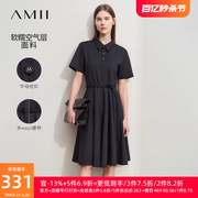Amii2024夏POLO领半开襟短袖配腰带连衣裙女小个子空气层裙子