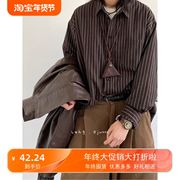 秋日系复古美式条纹衬衫，男女生学院，ins男友风长袖宽松衬衣上衣