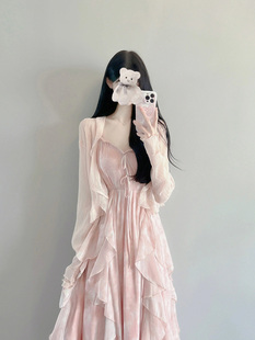 2023温柔风仙女茶歇雪纺长裙高级感粉色吊带连衣裙两件套女夏