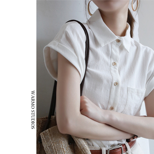 warmo简约牛耳袖设计感2024夏季短袖透气舒适白色衬衫女上衣