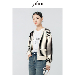 Yifini/易菲宽松V领可拆卸袖子两穿条纹外套女春秋上衣