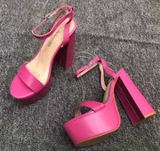 一字带粗跟凉鞋粉红色超高跟14cm夜场，性感欧美风防水台简约时尚