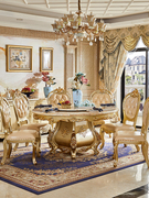欧式大理石餐桌香槟金色，圆桌全实木家用饭桌酒店，家用餐桌椅带转盘