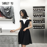 shirleyyu2024黑白，拼接欧美露肩连衣裙聚会派对，小个子礼服裙