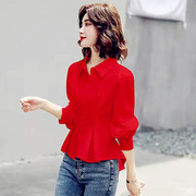 衬衫女前短后长上衣，日系少女士减龄洋气，红色小衫褂收腰遮肚雪纺衫