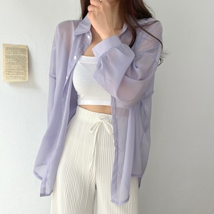 韩国chic气质长袖薄款防晒衫女夏季雪纺，衬衫外套空调衫白上衣