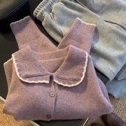 广州十三行女装2023设计感潮紫色娃娃领毛衣针织开衫外套女冬