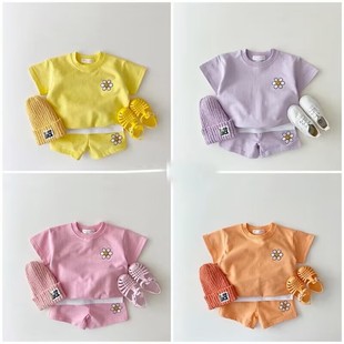 韩版ins夏装婴儿宝宝糖果色，清爽短袖套装，男女童卫衣短裤两件套薄