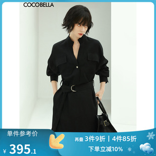 cocobella优雅气质立领黑色，连衣长裙女24春重工通勤衬衫裙fr147